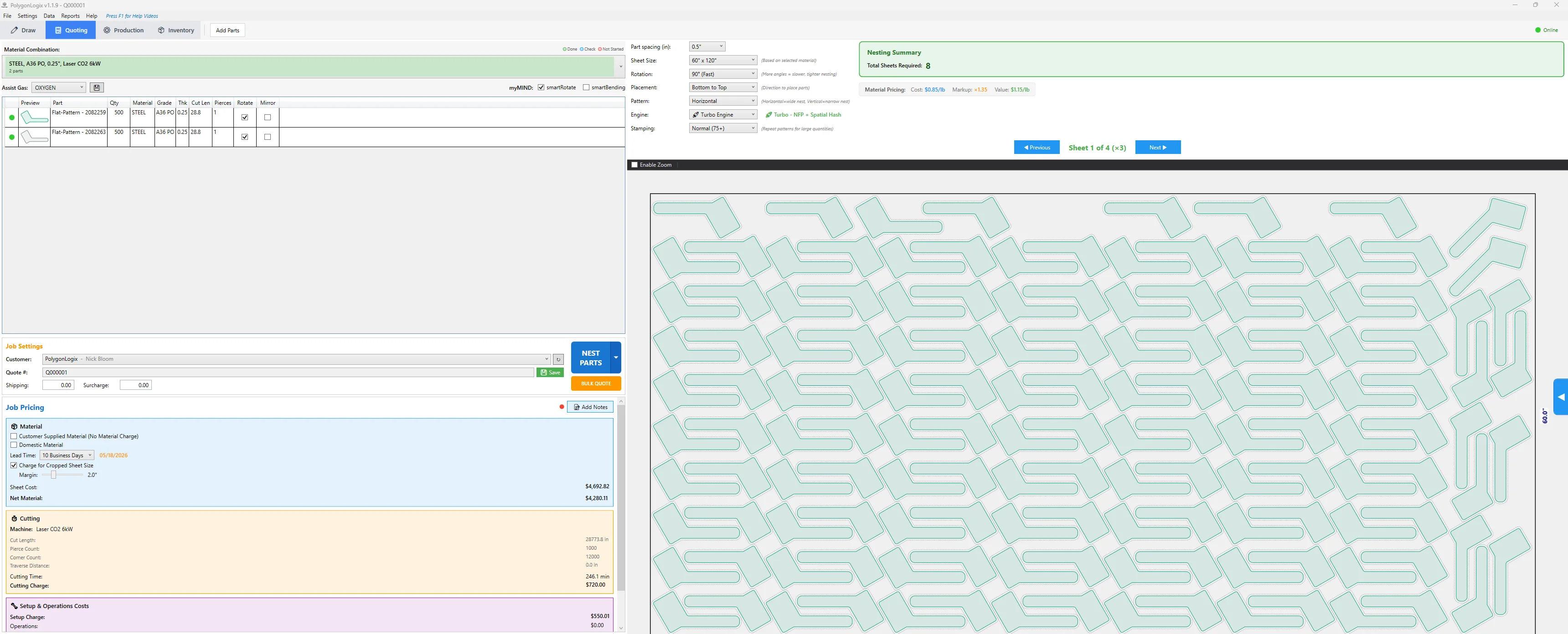 PolygonLogix Turbo Engine showing 500 steel parts densely packed using NFP pattern stamping